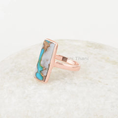 Pink Opal Ring, Opal Copper Turquoise 6X18mm Rectangle Gemstone Ring, 925 Sterling Silver Bezel Ring, Rose Gold Plated Silver Ring For Women