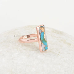 Pink Opal Ring, Opal Copper Turquoise 6X18mm Rectangle Gemstone Ring, 925 Sterling Silver Bezel Ring, Rose Gold Plated Silver Ring For Women