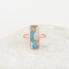 Pink Opal Ring, Opal Copper Turquoise 6X18mm Rectangle Gemstone Ring, 925 Sterling Silver Bezel Ring, Rose Gold Plated Silver Ring For Women