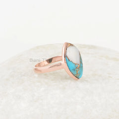 Turquoise Ring, Pink Opal Copper Turquoise 9x17mm Marquise Shape Gemstone Ring, Bezel Ring, Rose Gold Plated Ring, 925 Silver Women Ring