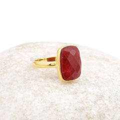 Ruby Gold Plated Bezel Ring - 925 Sterling Silver Ring - Ring for Mother - Engagement Ring - Handmade Jewelry - Unisex Cushion Gemstone Ring