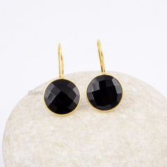 Onyx Drop Earrings, Black Onyx 15mm Round Gemstone Earrings, 18k Gold Plated 925 Sterling Silver Earrings, Valentine's Day Gift Earrings