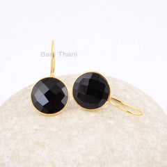 Onyx Drop Earrings, Black Onyx 15mm Round Gemstone Earrings, 18k Gold Plated 925 Sterling Silver Earrings, Valentine's Day Gift Earrings