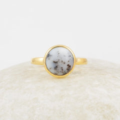 Dendritic Opal Ring, Dendritic Opal 10mm Round Gemstone Ring, 18k Micron Gold Plated Ring, 925 Silver Multicolor Ring, Black And White Ring