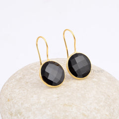Onyx Drop Earrings, Black Onyx 15mm Round Gemstone Earrings, 18k Gold Plated 925 Sterling Silver Earrings, Valentine's Day Gift Earrings