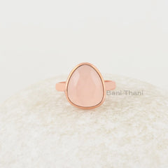Pink Chalcedony Rose Gold Ring - Hand Crafted 925 Sterling Silver Ring for Mother - Bridesmaid Jewelry - 12x14mm Nugget Shape Gemstone Ring