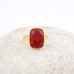 Ruby Gold Plated Bezel Ring - 925 Sterling Silver Ring - Ring for Mother - Engagement Ring - Handmade Jewelry - Unisex Cushion Gemstone Ring
