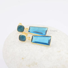 Pretty Blue Quartz Earrings, Blue Quartz Cushion Rectangle Shape Gemstone Earrings, 18k Gold Plated Earring, 925 Sterling Silver Earrings