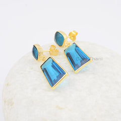 Pretty Blue Quartz Earrings, Blue Quartz Cushion Rectangle Shape Gemstone Earrings, 18k Gold Plated Earring, 925 Sterling Silver Earrings