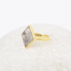 Black Rutile Ring - 925 Sterling Silver Ring - 12x16mm Pyramid - Gemstone Ring - Gold Plated Ring - Gift for Summer - Jewelry for Protection