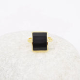 Step Cut Ring, Black Onyx 11x14mm Rectangle Gemstone Ring, 18k Gold Plated Silver Ring, Womens Gift Ring, Party Wear Ring, Vintage Ring