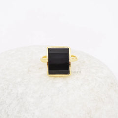 Step Cut Ring, Black Onyx 11x14mm Rectangle Gemstone Ring, 18k Gold Plated Silver Ring, Womens Gift Ring, Party Wear Ring, Vintage Ring