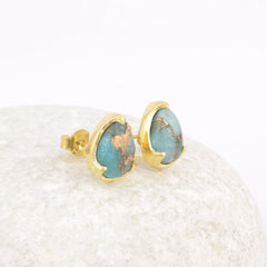 Small Pear Copper Amazonite Stud Earrings, 8x11mm Gemstone Stud Earrings, 925 Silver 18k Gold Plated Earring, Bridal Earring, Gift For Her