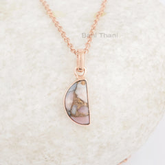 Pink Opal Copper Necklace - Pure Silver - Handcrafted Necklace - Halfmoon 7x14mm -Natural Stone - Gift For Graduate - Jewelry For Designer