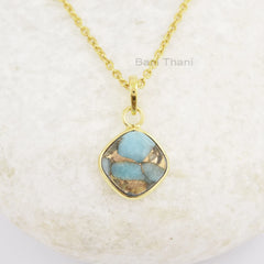 Copper Amazonite Necklace, Cushion Amazonite 12mm Gemstone Necklace, 925 Sterling Silver Jewelry, Gift For Her, Bezel Necklace,Birthday Gift