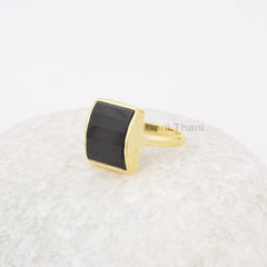 Step Cut Ring, Black Onyx 11x14mm Rectangle Gemstone Ring, 18k Gold Plated Silver Ring, Womens Gift Ring, Party Wear Ring, Vintage Ring