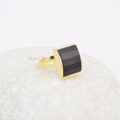 Step Cut Ring, Black Onyx 11x14mm Rectangle Gemstone Ring, 18k Gold Plated Silver Ring, Womens Gift Ring, Party Wear Ring, Vintage Ring