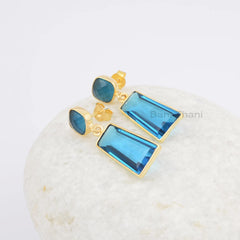 Pretty Blue Quartz Earrings, Blue Quartz Cushion Rectangle Shape Gemstone Earrings, 18k Gold Plated Earring, 925 Sterling Silver Earrings