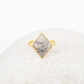 Black Rutile Ring - 925 Sterling Silver Ring - 12x16mm Pyramid - Gemstone Ring - Gold Plated Ring - Gift for Summer - Jewelry for Protection