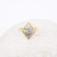 Black Rutile Ring - 925 Sterling Silver Ring - 12x16mm Pyramid - Gemstone Ring - Gold Plated Ring - Gift for Summer - Jewelry for Protection