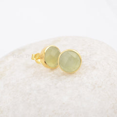 Lovely Earrings - Green Prehnite Earrings - Gemstone Stud Earrings - Gold Plated - 925 Silver Earring - 9mm Round Stud - Earring for Womens