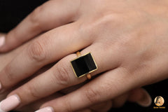 Step Cut Ring, Black Onyx 11x14mm Rectangle Gemstone Ring, 18k Gold Plated Silver Ring, Womens Gift Ring, Party Wear Ring, Vintage Ring
