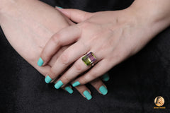 Tourmaline Bi Doublet 12x16mm Rectangle Sterling Silver Prong Set Ring, Handmade Gemstone Sterling Silver Ring