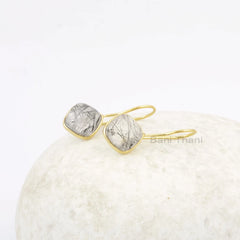 Handmade Black Rutile 10mm Cushion Gemstone Drop Earrings, 925 Sterling Silver Hook Earrings, 18k Gold Plated Dangle Earrings, Gift Earring