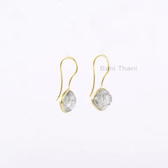 Handmade Black Rutile 10mm Cushion Gemstone Drop Earrings, 925 Sterling Silver Hook Earrings, 18k Gold Plated Dangle Earrings, Gift Earring