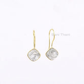 Handmade Black Rutile 10mm Cushion Gemstone Drop Earrings, 925 Sterling Silver Hook Earrings, 18k Gold Plated Dangle Earrings, Gift Earring