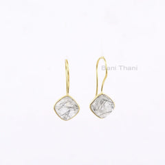 Handmade Black Rutile 10mm Cushion Gemstone Drop Earrings, 925 Sterling Silver Hook Earrings, 18k Gold Plated Dangle Earrings, Gift Earring
