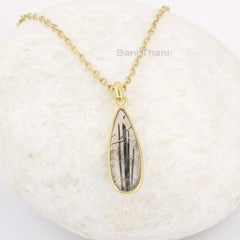 Black Rutile 8x25mm Pear Gemstone Necklace, 18k Gold Plated Elegant Necklace, 925 Sterling Silver Necklace, Womens Necklace, Bridal Necklace