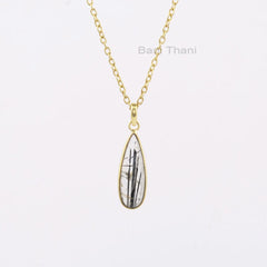 Black Rutile 8x25mm Pear Gemstone Necklace, 18k Gold Plated Elegant Necklace, 925 Sterling Silver Necklace, Womens Necklace, Bridal Necklace