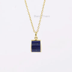 Blue Lapis Necklace, Lapis Lazuli 11x14mm Rectangle Gemstone Step Cut Necklace, 18k Gold Plated Necklace, 925 Sterling Silver Gift Necklace