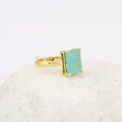 Beautiful Prong Set Aqua Chalcedony Ring, 10x12mm Rectangle Gemstone Silver Ring, Micron Gold Plated Ring, Engagement Gift Ring, Girls Ring