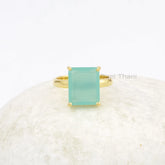 Beautiful Prong Set Aqua Chalcedony Ring, 10x12mm Rectangle Gemstone Silver Ring, Micron Gold Plated Ring, Engagement Gift Ring, Girls Ring