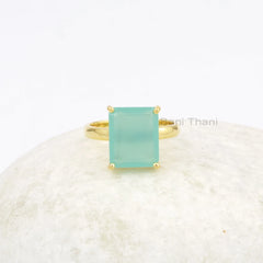 Beautiful Prong Set Aqua Chalcedony Ring, 10x12mm Rectangle Gemstone Silver Ring, Micron Gold Plated Ring, Engagement Gift Ring, Girls Ring