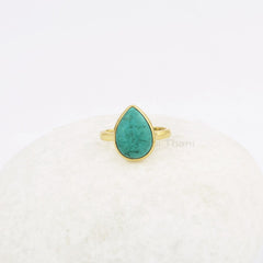 Tibetan Turquoise Ring - 10x14mm Pear Gemstone - 18k Gold Plated - 925 Solid Silver Ring - Gift for Her - Ring for Womens - Birthday Gift