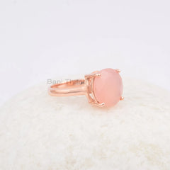 Beautiful Round Pink Chalcedony 12mm Gemstone Ring, Rose Gold Plated Ring, 925 Sterling Silver Ring, Handmade Ring, Thanksgiving Gift Ring
