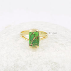 Green Copper Turquoise Ring - Gold Plated - 925 Solid Sterling Silver - 7x11mm Cushion - Handcrafted Ring - Modern Jewelry - Gift for Womens