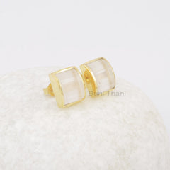 Crystal Quartz Stud Earrings - Solid Silver - Gold Plated - Step Cut 8x12mm Rectangle - Statement Jewelry - Gift For Lady - Jewelry for Prom
