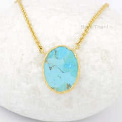 Unique Silver Arizona Turquoise Necklace, 17x22mm Oval Gemstone Necklace, Gold Plated Sterling Silver Necklace, Surprise Necklace Jewelry