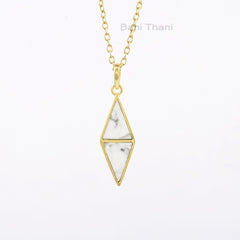 White Howlite Necklace, Howlite 10x13mm Double Triangle Gemstone Bezel Necklace, 18k Gold Plated Sterling Silver Pendant Necklace