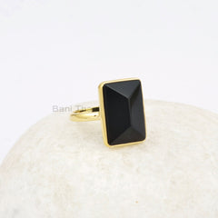 Pyramid Onyx Ring, Black Onyx Rectangle 13x18mm Gemstone Ring, 18k Gold Plated 925 Sterling Silver Ring, Anniversary Gift Ring, Promise Ring