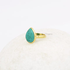 Tibetan Turquoise Ring - 10x14mm Pear Gemstone - 18k Gold Plated - 925 Solid Silver Ring - Gift for Her - Ring for Womens - Birthday Gift