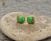 Copper Green Turquoise Stud Earrings - Handcrafted Studs - Cushion 9x9mm - Pure Silver - Jewelry For Protection - Gift For Wedding Day