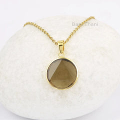 Stunning Smoky Quartz 18mm Round Gemstone Necklace, Gold Plated 925 Sterling Silver Bezel Necklace, Vintage Gift Necklace, Elegant Necklace