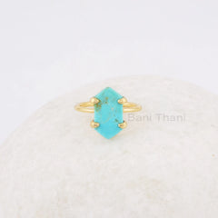 Turquoise Ring, Arizona Turquoise 8x15mm Hexagon Gemstone Ring, Gold Plated 925 Sterling Silver Prong Set Ring, Christmas Gift,Cocktail Ring