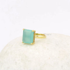 Beautiful Prong Set Aqua Chalcedony Ring, 10x12mm Rectangle Gemstone Silver Ring, Micron Gold Plated Ring, Engagement Gift Ring, Girls Ring