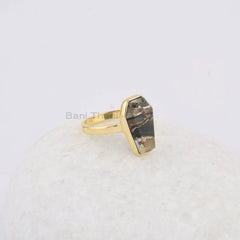 Coffin Ring, Black Copper Shell 9x15mm Coffin Shape Gemstone Ring, 18k Gold Plated 925 Silver Bezel Ring, Anniversary Gift Ring, Womens Ring